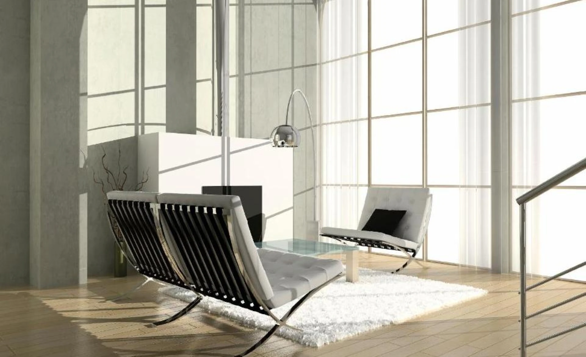 Salon lumineux aux lignes épurées et au mobilier moderniste