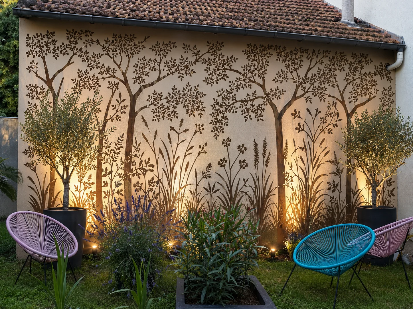 Mur extérieur décoratif et végétalisé éclairé